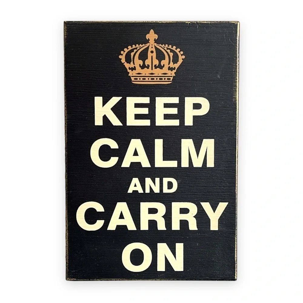 Black Wood Sign Keep Calm And Carry On Gold‎ Crown Office Decor Shabby Chic